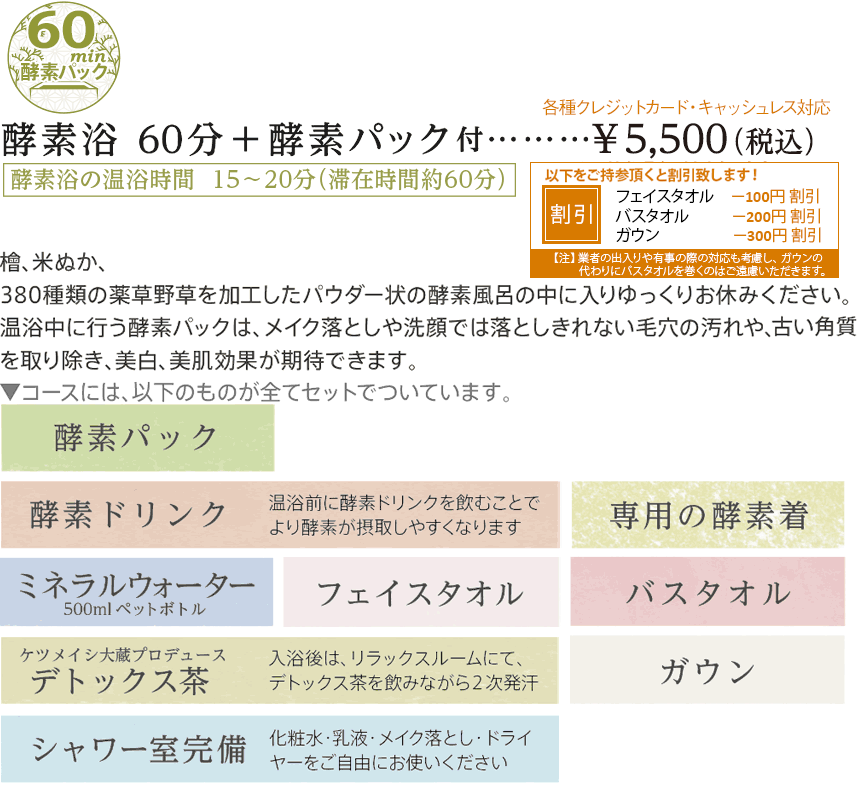 酵素風呂60分 ＋ 酵素パック 料金